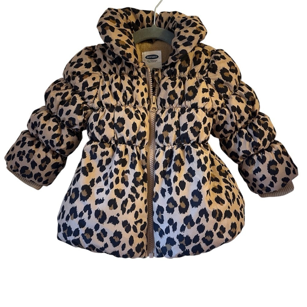 Old Navy Leopard Animal Print Baby Girl Puffer Fleece Lined Warm Puffer Jacket